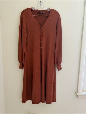Nina Leonard Long-Sleeve V-Neck Button Front Dress — Rust